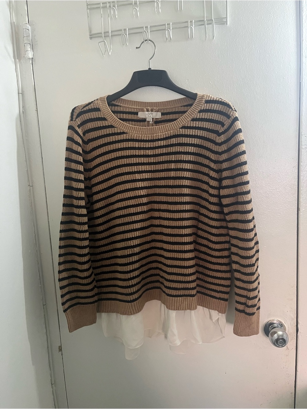 Loft Striped Crewneck Sweater with Sheer Hem - Black & Tan